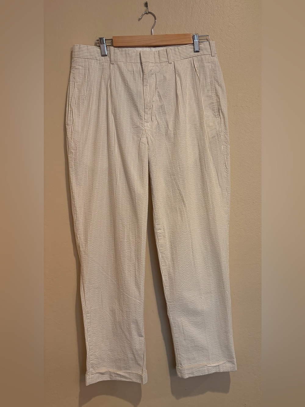 Ralph Lauren Beige & White Striped Seersucker Trousers, Men’s 34/31, Neutral